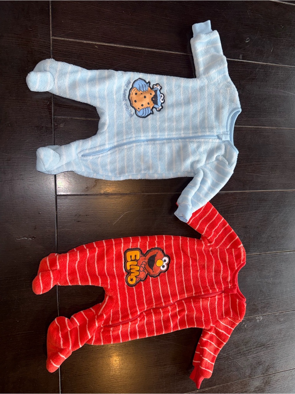 Sesame Street Red & Light Blue Striped Elmo and Cookie Monster Footie Set